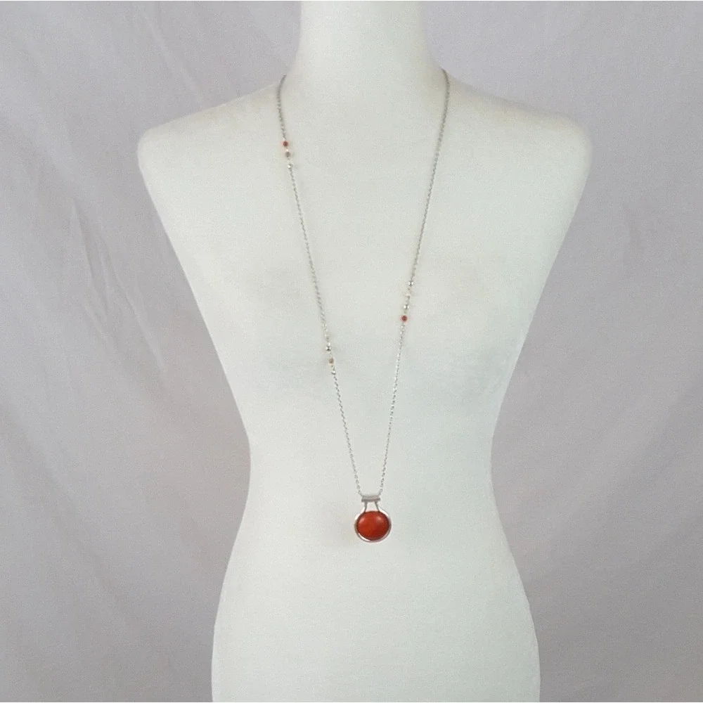 Silver Tone‎ Orange Faux Stone Pendant Necklace and Drop Earring Jewelry Set NEW